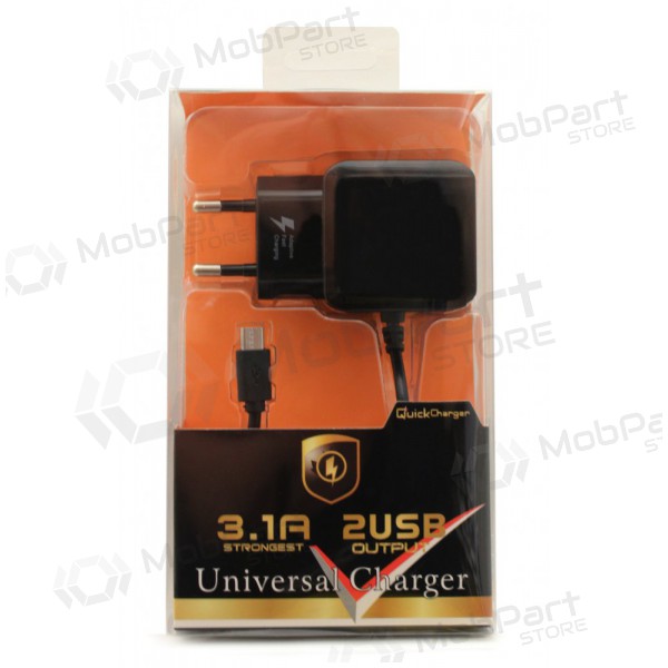 Caricabatterie F13c FastCharging x 2 USB (3.1A) + microUSB (nero)
