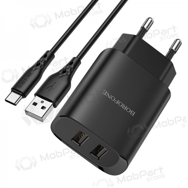 Caricatore Borofone BN2 2xUSB 2.1A + USB Type-C (nero)