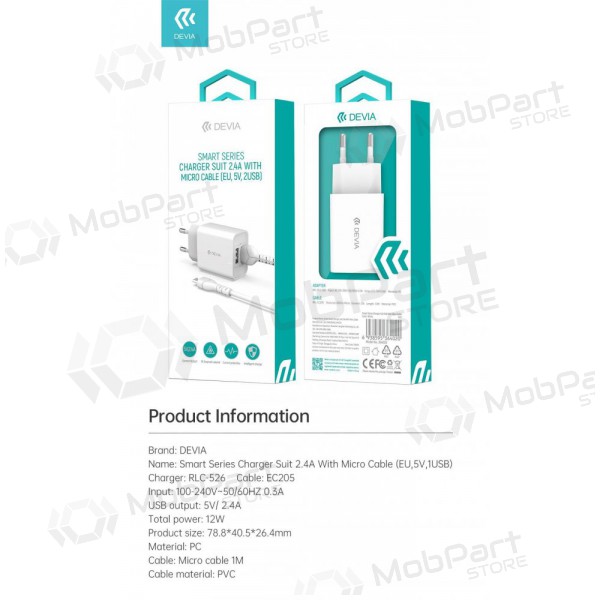 Caricatore Devia Smart x 2 USB (2.4A) + MicroUSB, (bianca)