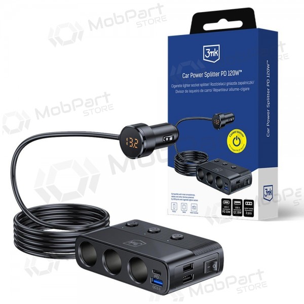 Caricabatterie da auto 3mk Car Power Splitter 120 W 3xUSB-A + USB-C 12V nero.
