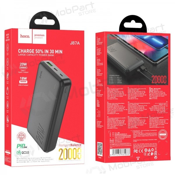 Batteria esterna Power Bank Hoco J87A Type-C PD 20W+Quick Charge 3.0 20000mAh nero