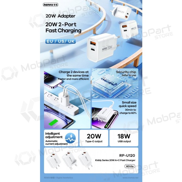 Caricabatterie per telefono Remax RP-U120 20 W USB-C + USB-A bianco