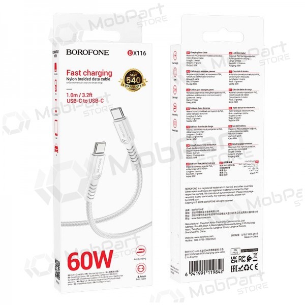 Cavo USB-C Borofone BX116 USB-C a USB-C 1 m 60 W bianco.