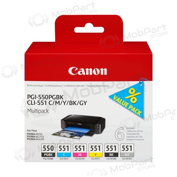 Canon PGI-550/CLI-551 (6496B005) Set di cartucce a getto d'inchiostro, PGBK/C/M/Y/BK/GY